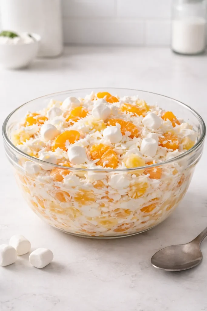 8 Ambrosia Salad Recipes for Potlucks 6 Simple five-cup ambrosia salad showing five distinct traditional ingredients