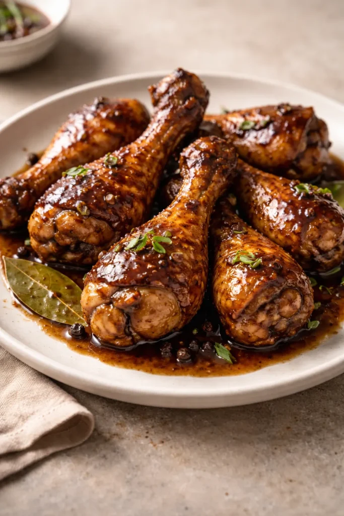 10 Crispy Chicken Drumstick Recipes for Dinner 10 Adobo-glazed chicken drumsticks with soy-vinegar glaze on a plain plate