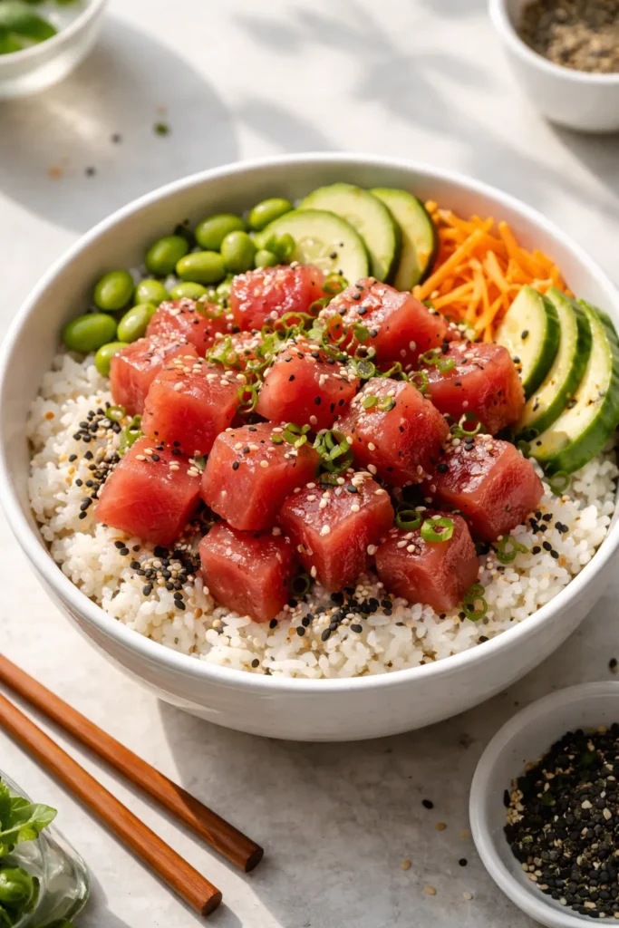 Close-up of ahi poke bowl with tuna cubes, rice, sesame seeds and seaweed