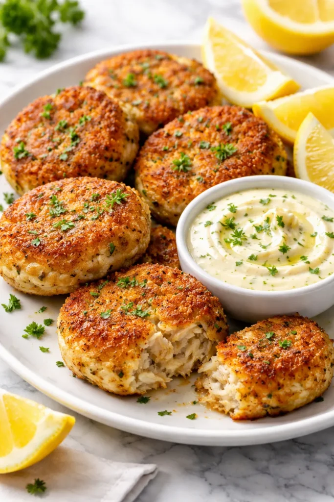 Crab cakes with lemon garlic aioli in a small bowl