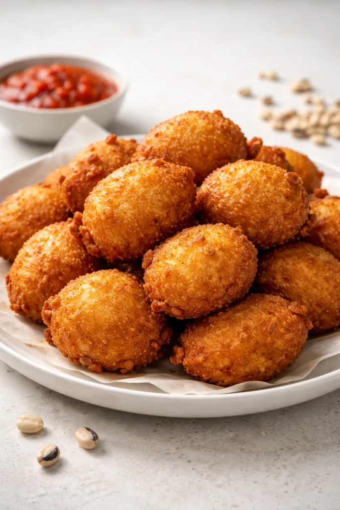 10 West African Recipes to Try at Home 3 Golden akara fritters on a plain plate, studio lighting.