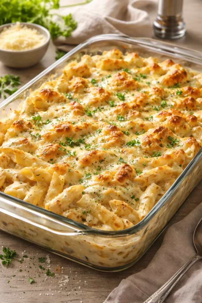 10 Cheesy Chicken Casseroles Worth the Mess 9 Creamy chicken Alfredo baked casserole with penne in a white sauce