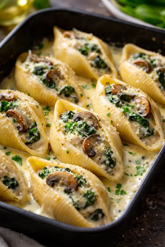 10 Stuffed Pasta Shell Recipes for Dinner 9 Alfredo stuffed shells with spinach and mushrooms on slate