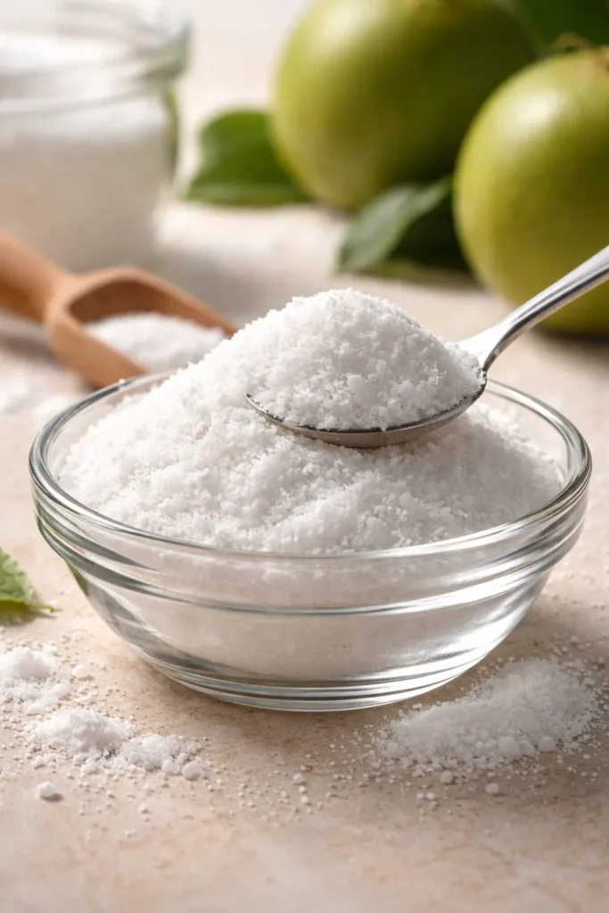 Allulose monk fruit blend powder in a glass dish