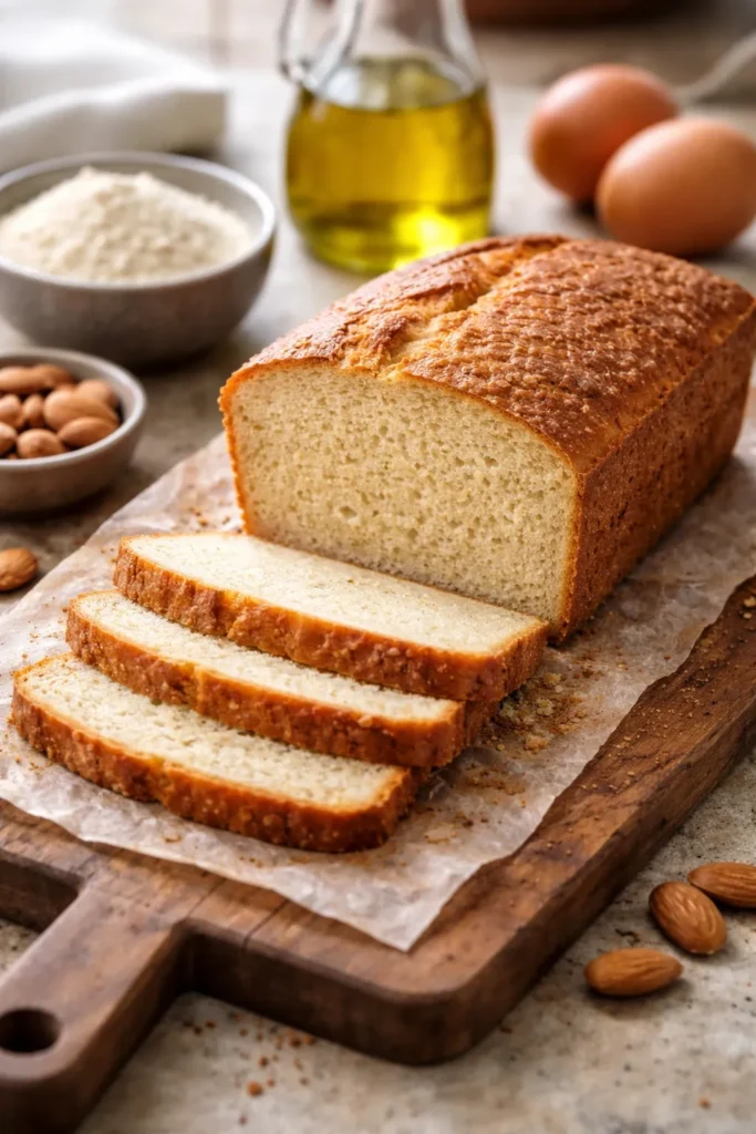 Close-up of almond flour bread loaf sliced on a wooden board