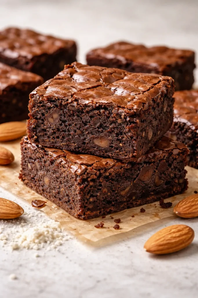 Fudgy almond flour brownie with dense interior and glossy crust