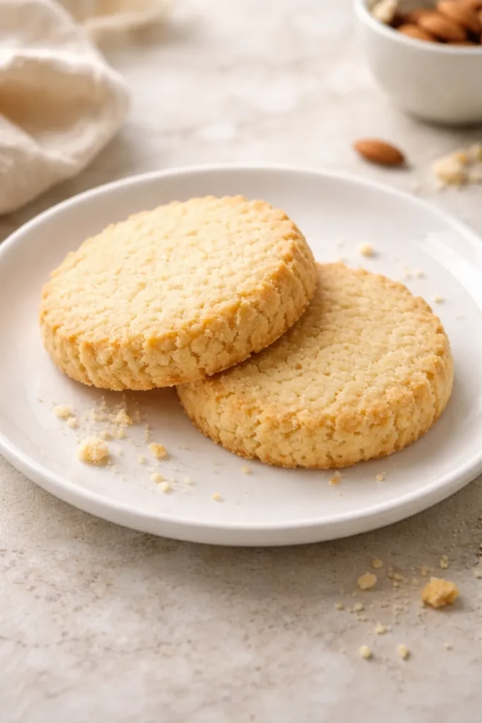 15 Sugar Free Treats That Actually Taste Good 7 Close-up of almond flour shortbread cookies on a plate, buttery crumbly texture