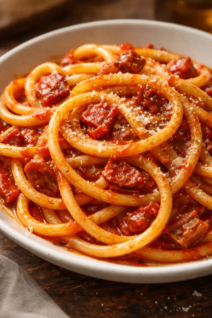 12 Easy Pasta Dinners Better Than Takeout 5 Bucatini all'Amatriciana with guanciale in glossy tomato sauce