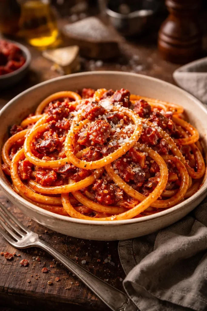 Bucatini all'Amatriciana in red sauce with guanciale