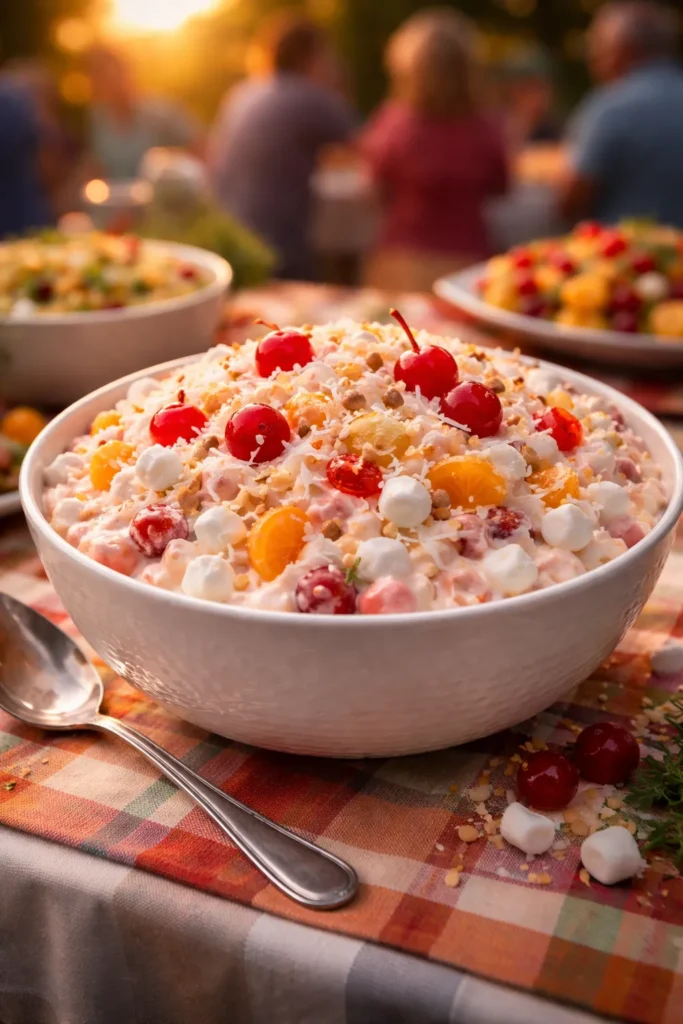8 Ambrosia Salad Recipes for Potlucks 9 A finished ambrosia salad ready to be served at a festive dinner party