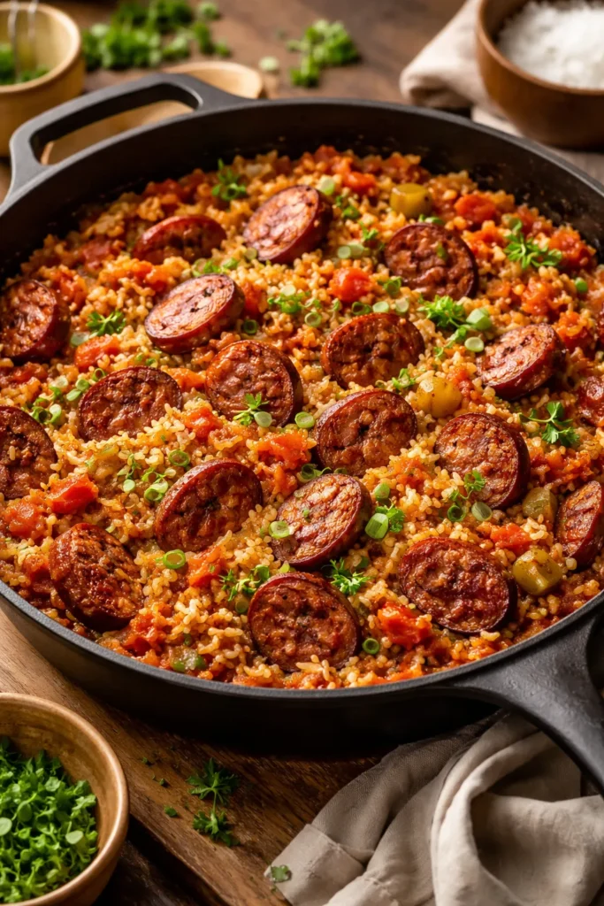 12 Easy Weekend Dinners for a Chill Night 8 Skillet with browned sausage and rice in Cajun sauce