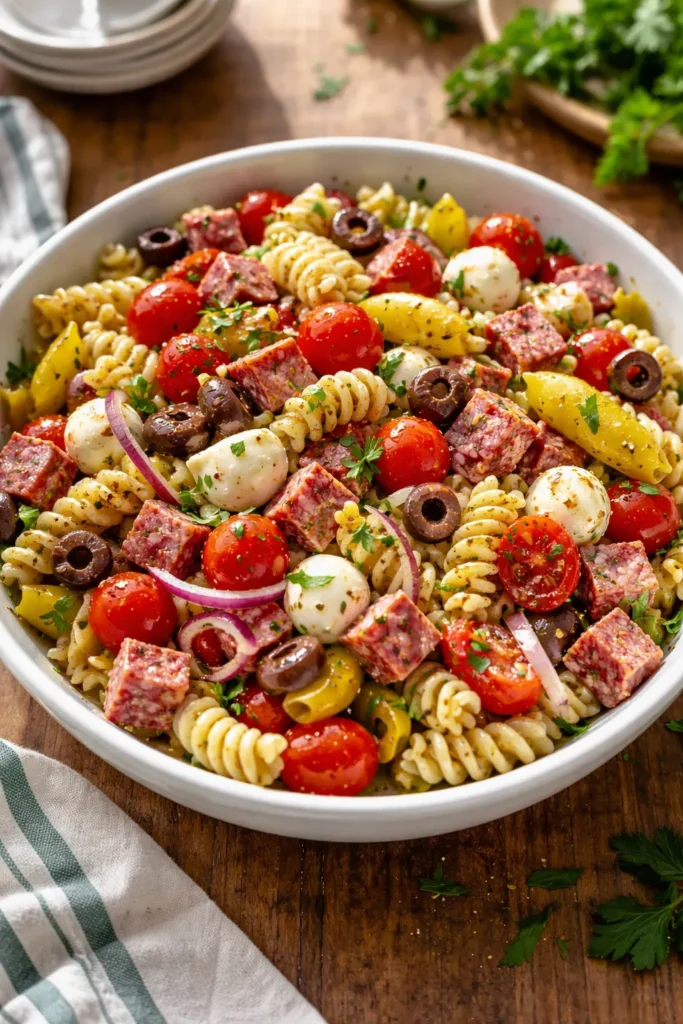 8 Pasta Salad Recipes for Your Next Cookout 4 Antipasto pasta salad with salami, mozzarella, olives, and pepperoncini