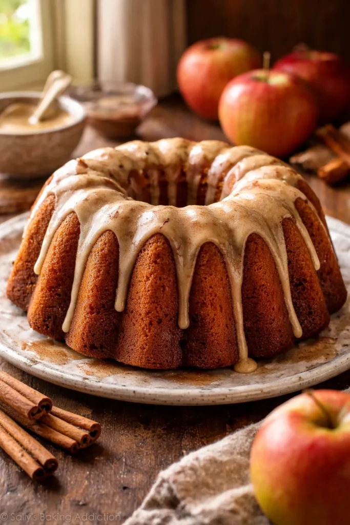 10 Beautiful Bundt Cakes for Beginners 7 Close-up of apple cider Bundt cake with cinnamon glaze on rustic wood