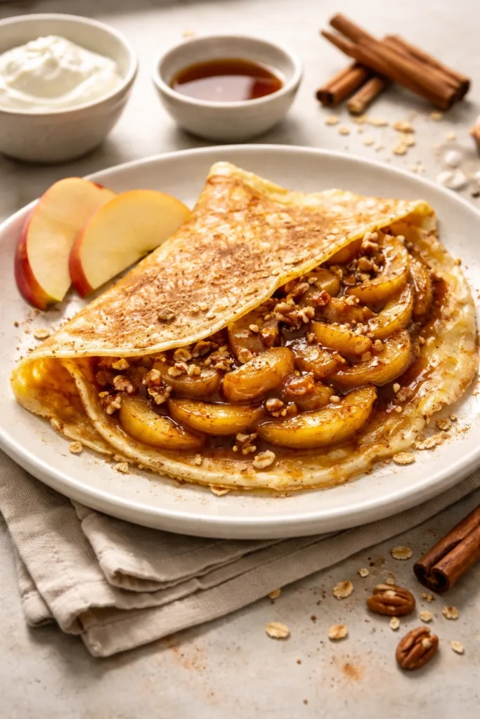 Crepe with caramelized apple filling on plate.