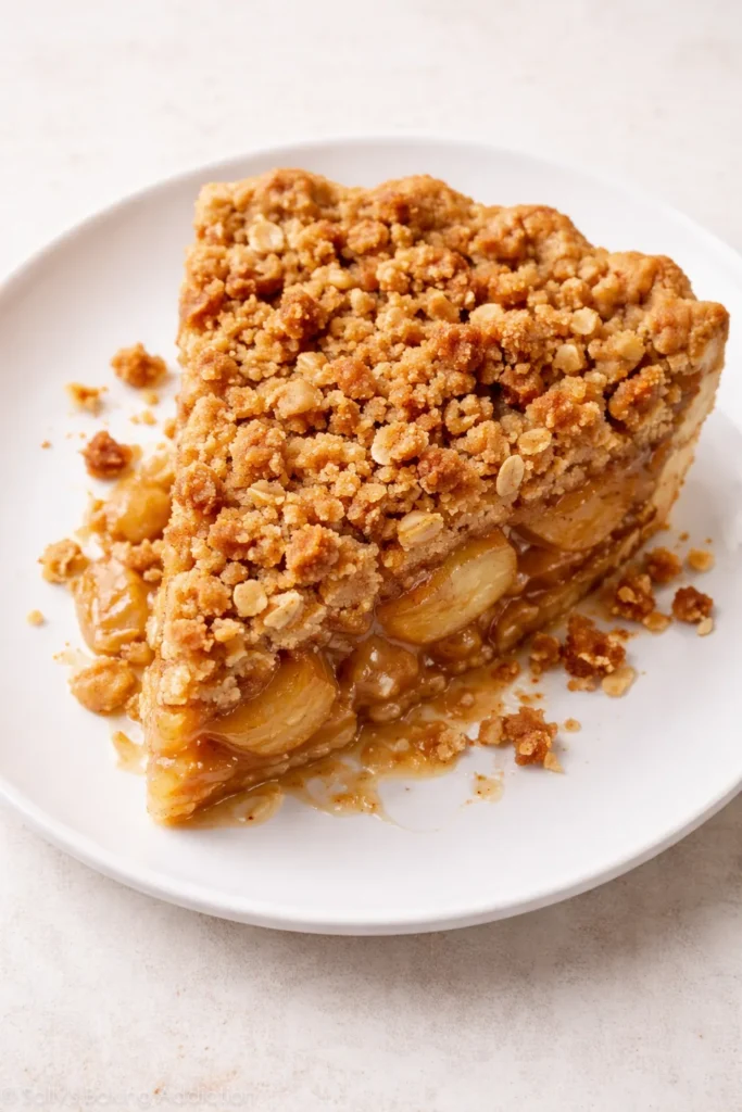 Apple crumb pie with thick oat-nut crumb topping on white plate.