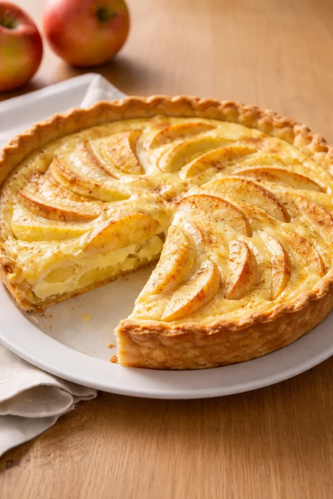 Apple custard pie with creamy custard filling and apples
