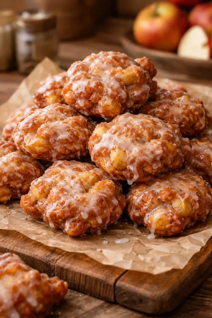 A stack of glazed apple fritters with a crispy golden-brown fried exterior.