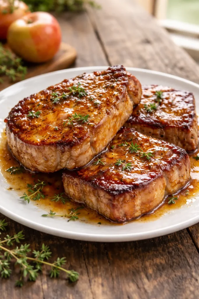 8 Slow Cooker Pork Chops That Fall Apart 7 Glazed pork chops with thyme and apple glaze on a white plate