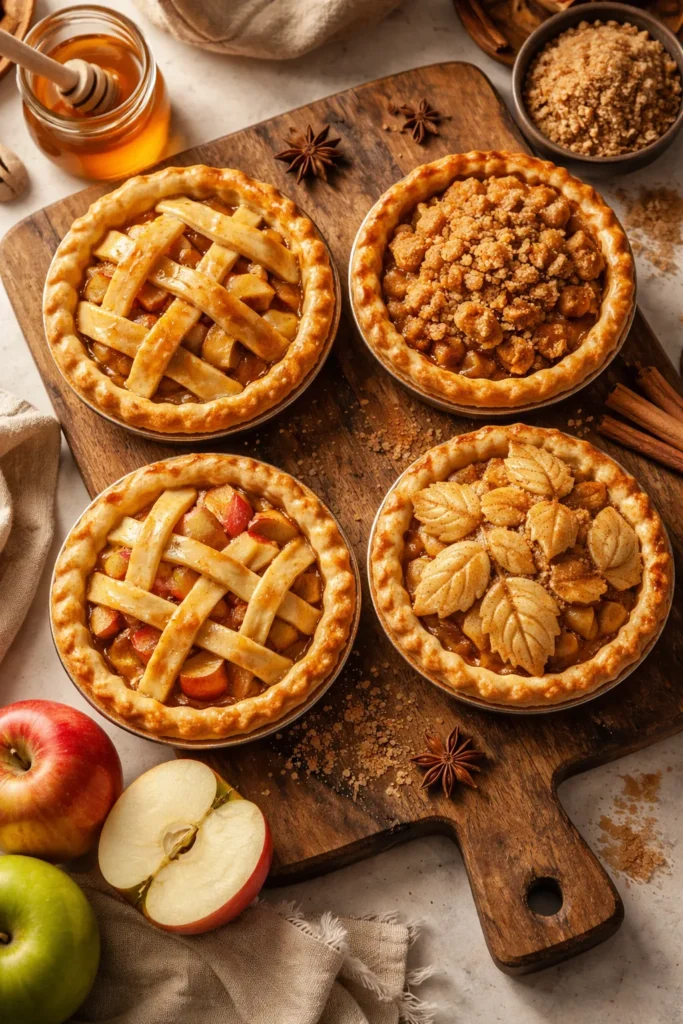 Four small apple pies showing variations in crust color and filling tones on a rustic board