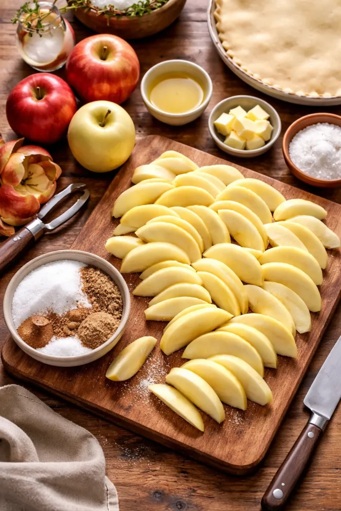 Peeled apple slices on cutting board with spices for precise filling prep