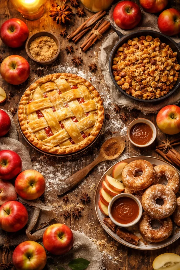 Fresh apples, cinnamon sticks, and baking spices on a rustic wooden table.