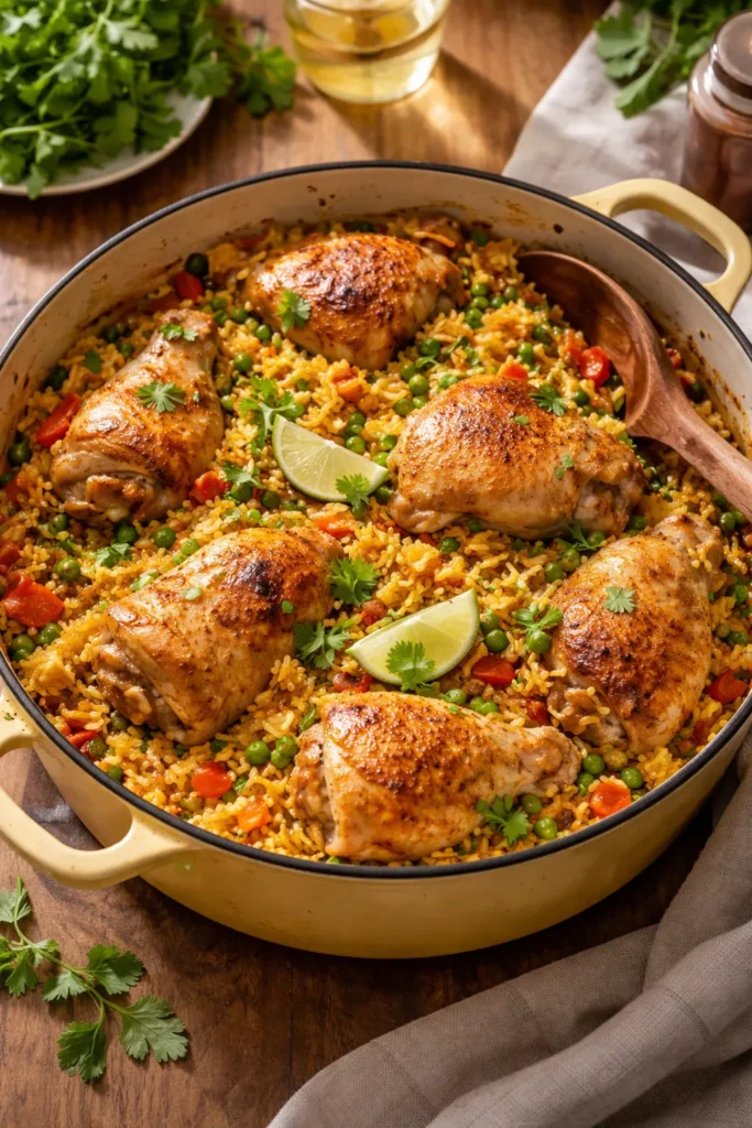 Chicken and rice in a single pot with golden-orange rice