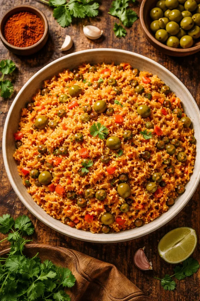 Steaming arroz con gandules rice with pigeon peas and olives