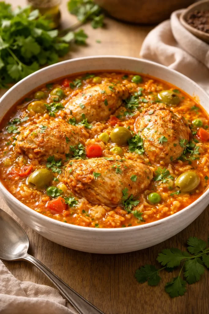 Hearty asopao de pollo with chicken and rice in a thick broth