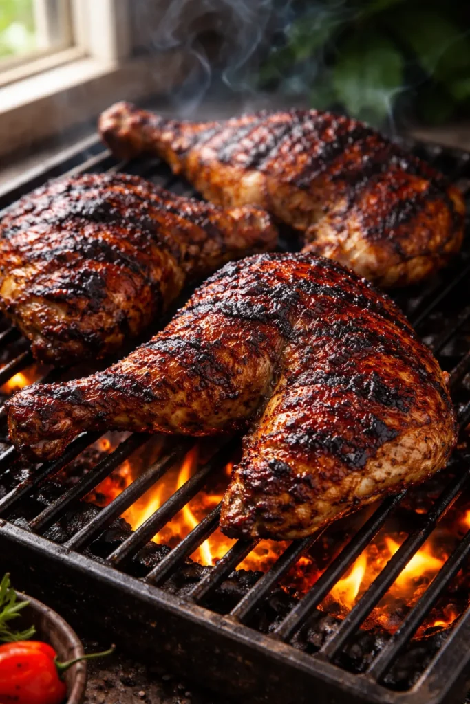 Grilled Jamaican jerk chicken quarters with char marks