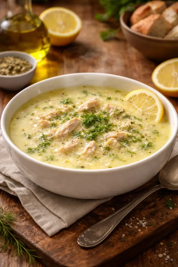 Silky pale yellow Avgolemono soup in a white bowl with steam