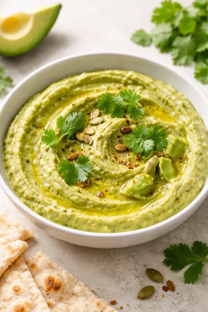 Creamy green avocado hummus with cilantro and pepitas
