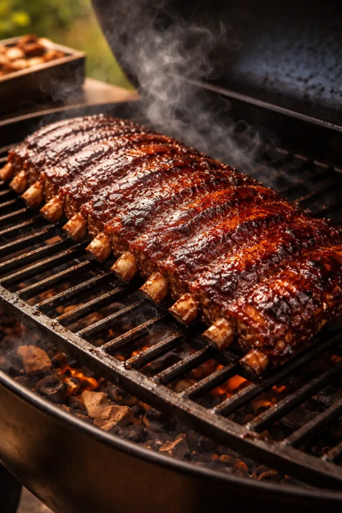 8 BBQ Rib Recipes for a Backyard Cookout 1 Close-up of smoky baby back ribs with lacquered bark on a rack