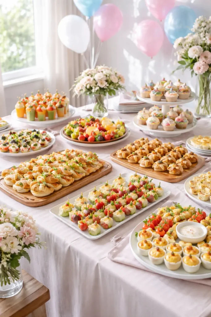 Pastel baby shower buffet with assorted finger foods on a long table
