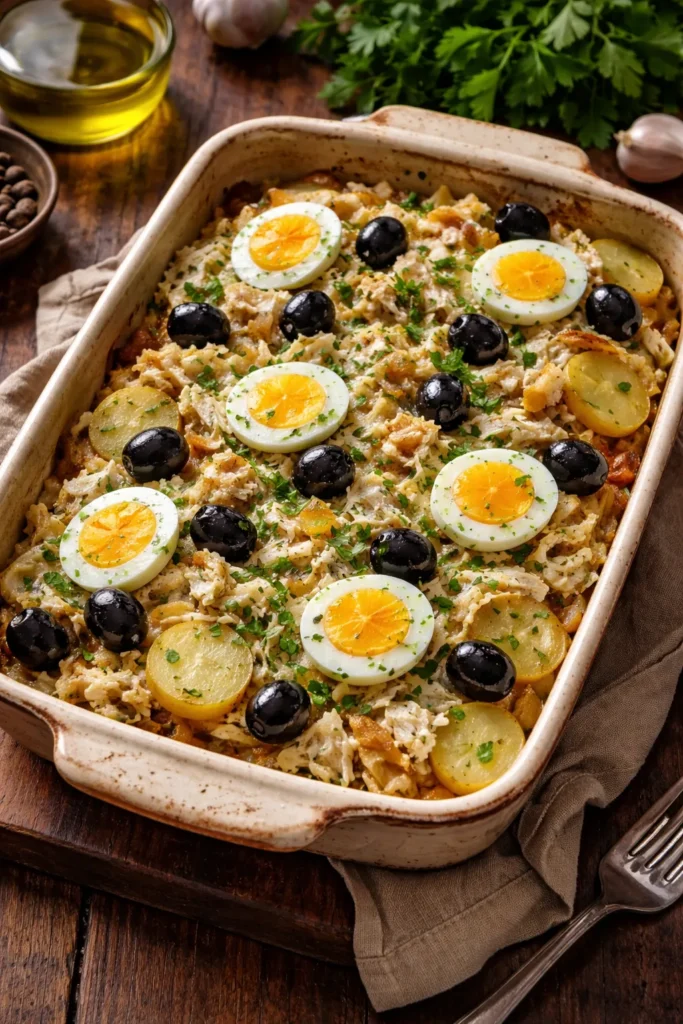 Bacalhau à Gomes de Sá plated with cod, potatoes, eggs, olives, and parsley
