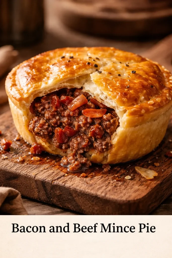 Bacon and beef mince pie on wooden surface with golden crust