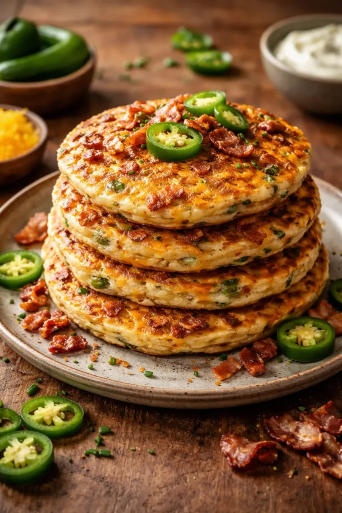 8 Savory Pancake Recipes for a Weekend Brunch 6 Bacon cheddar jalapeño pancake stack on rustic plate