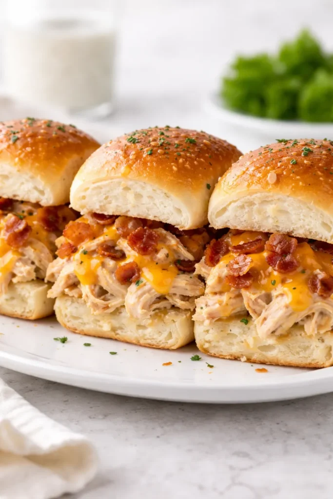 12 Kid-Friendly Dinners Beyond Chicken Nuggets 10 Three bacon ranch chicken sliders on a white plate