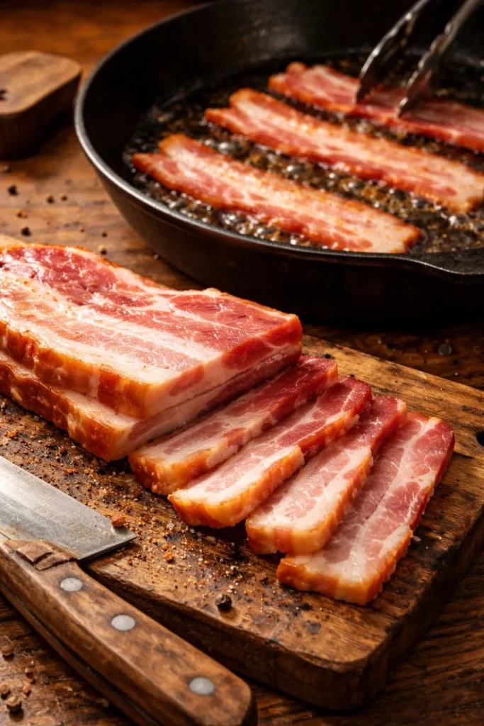 8 Baked Bean Recipes for Summer BBQs 10 Thick-cut bacon strips on cutting board with rendered fat.