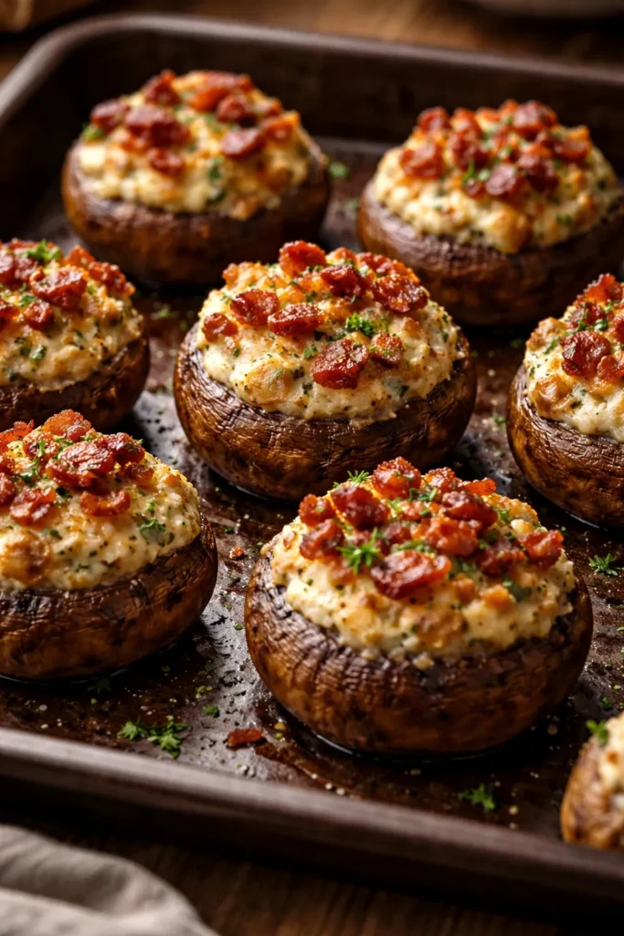 Cap filled with creamy bacon parmesan stuffed mushroom with bacon bits on top