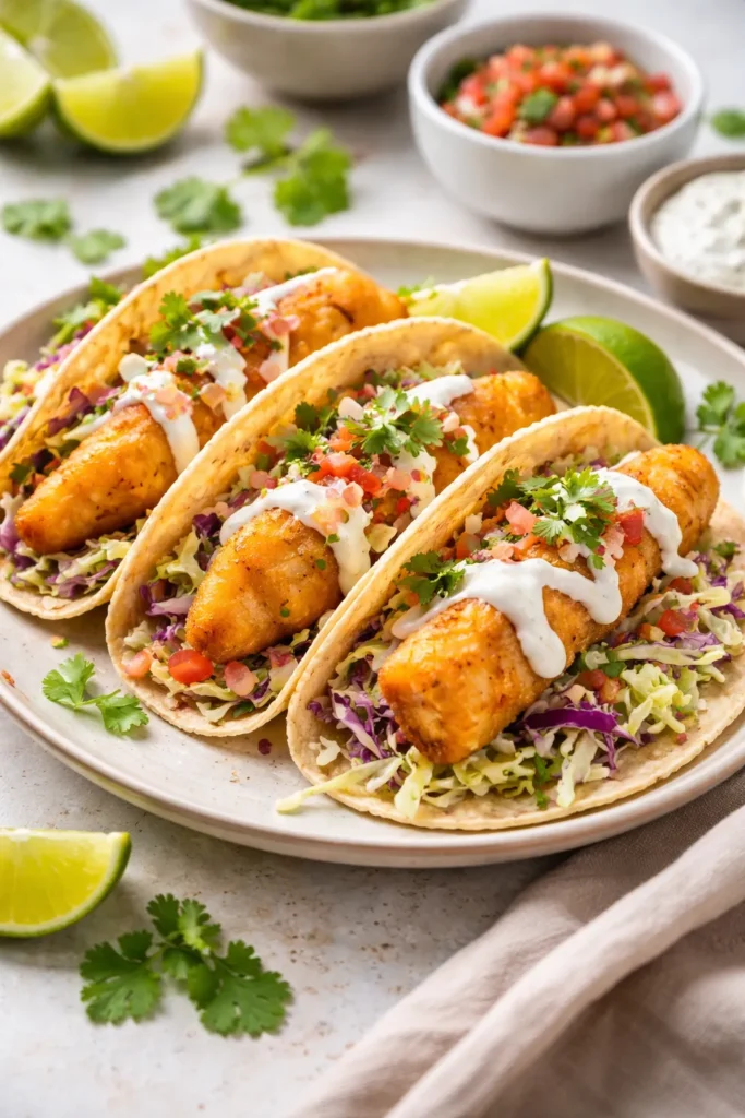 12 Mexican Dinner Recipes for Taco Night 5 Baja Fish Tacos with crispy fish, cabbage slaw, and crema on a light plate.
