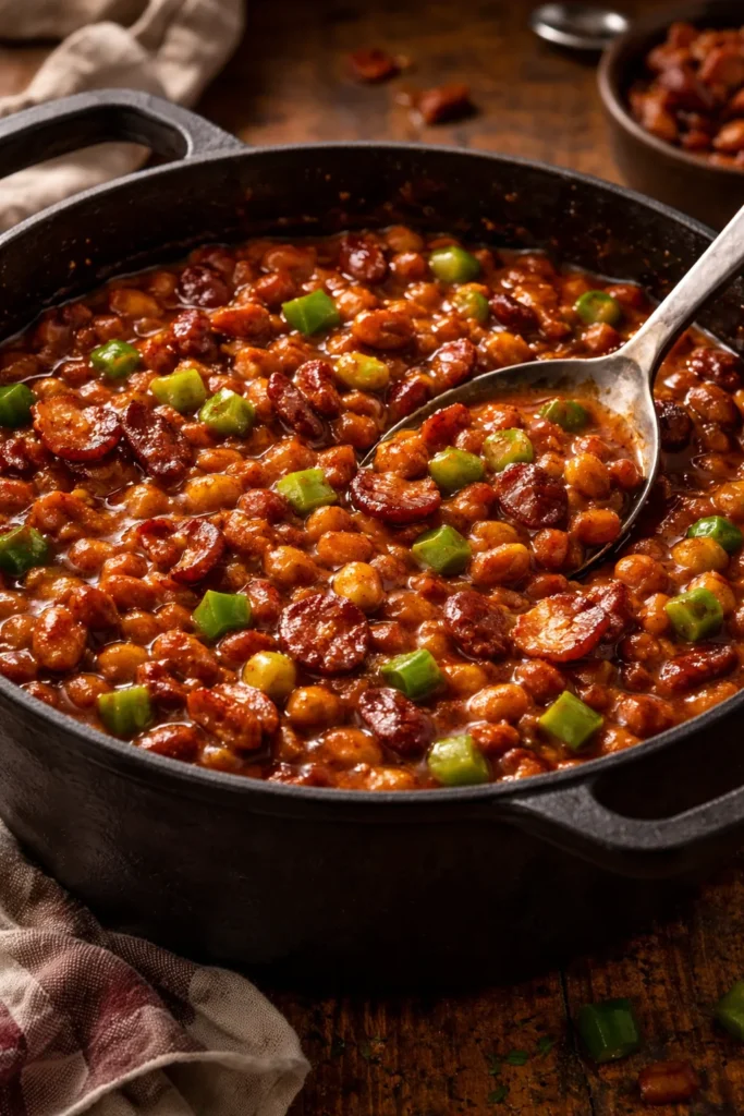 8 Baked Bean Recipes for Summer BBQs 1 Close-up of Classic BBQ Baked Beans with bacon and bell pepper in a cast-iron Dutch oven.