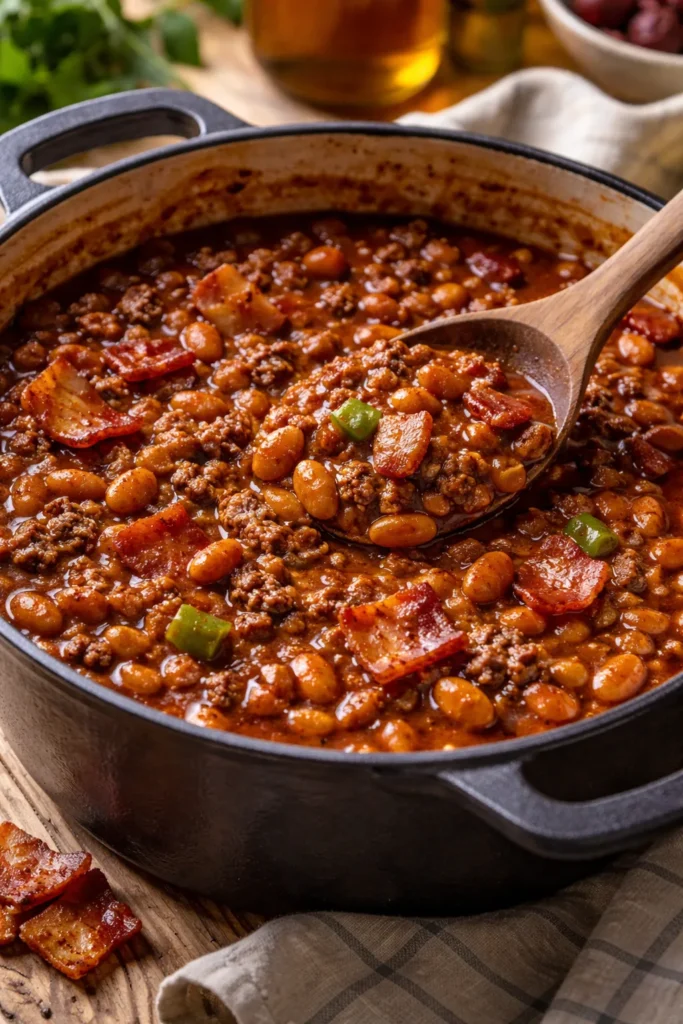 8 Baked Bean Recipes for Summer BBQs 3 Close-up of Semi-Homemade BBQ Baked Beans with ground beef and bacon.
