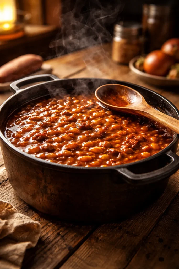8 Baked Bean Recipes for Summer BBQs 14 Close-up of glossy baked beans in a pot with warm kitchen lighting