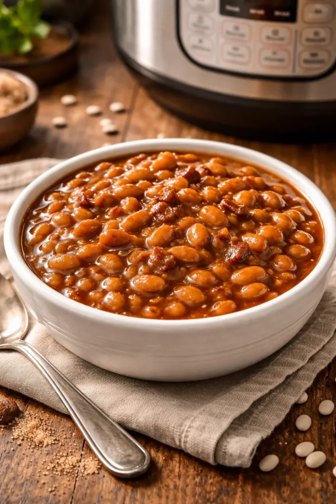 10 Pressure Cooker Recipes for Beginners 7 Creamy baked beans in a rustic bowl with glossy sauce
