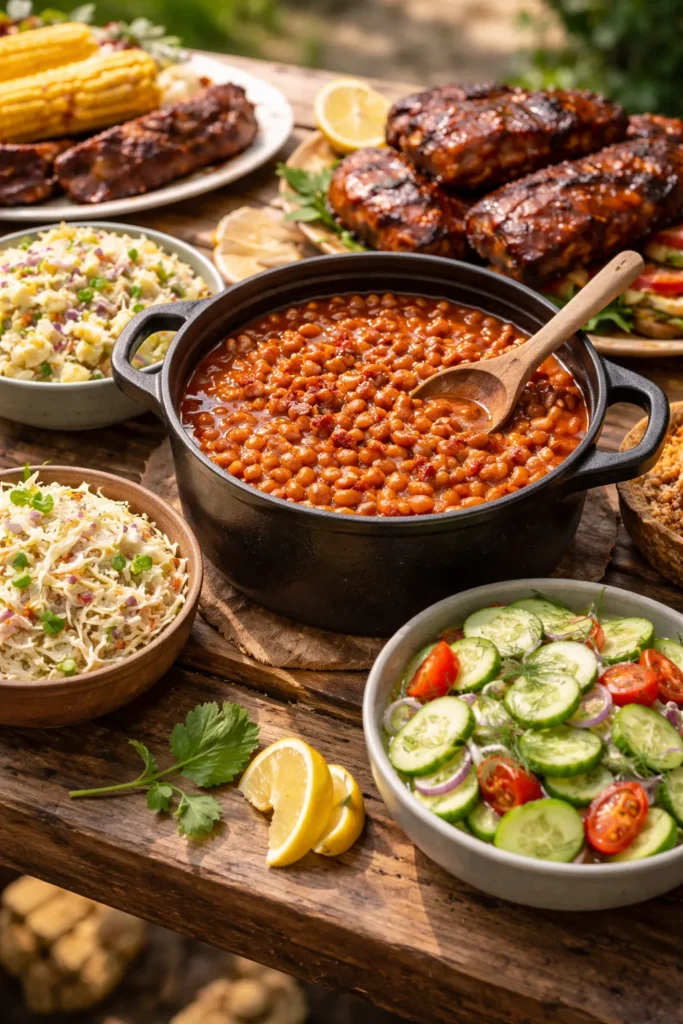 8 Baked Bean Recipes for Summer BBQs 13 Baked beans centerpiece with side salads on a rustic table