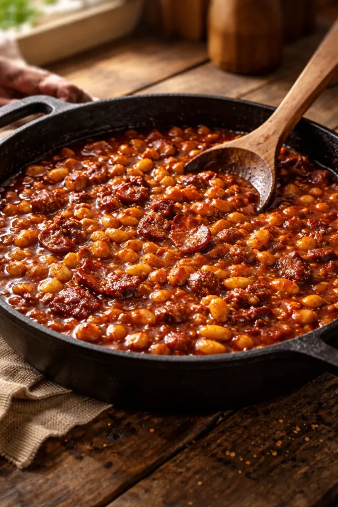 8 Baked Bean Recipes for Summer BBQs 7 Bubbling baked beans in smoky paprika and chipotle sauce in a cast-iron skillet.