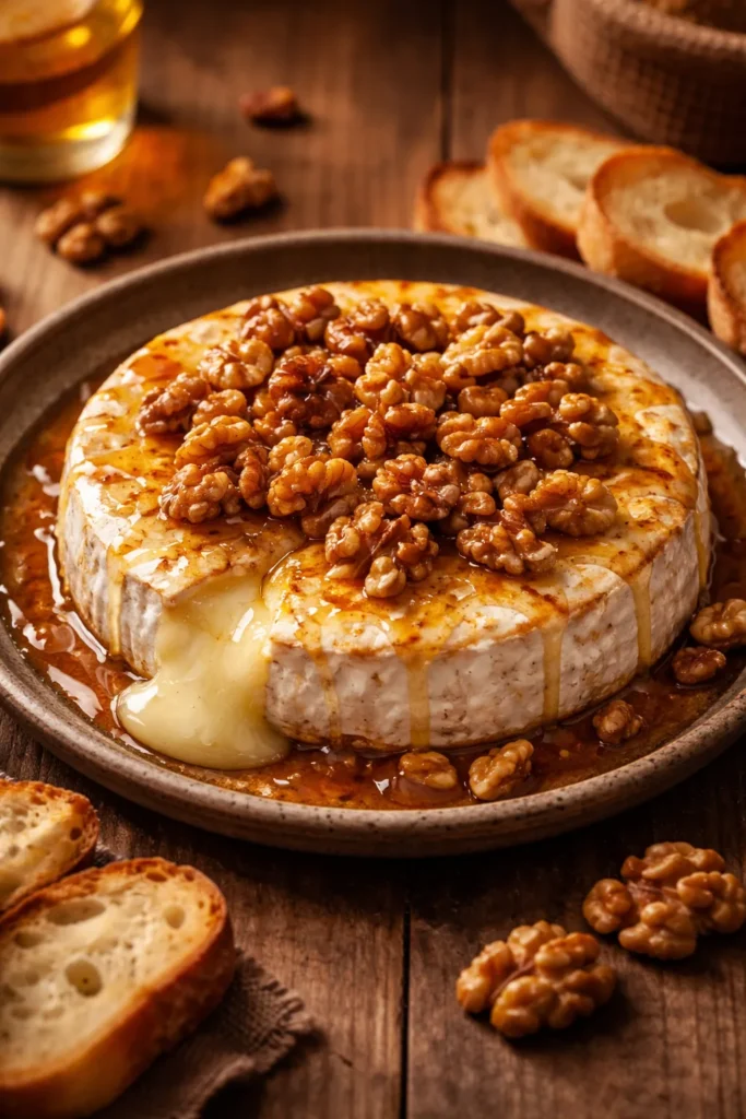 Close-up of melted brie with honey and walnuts on a rustic dish