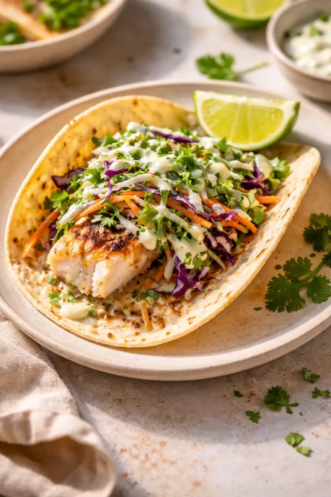 8 Easy Fish Taco Recipes for Taco Night 4 Baked fish taco with garlic cilantro lime slaw