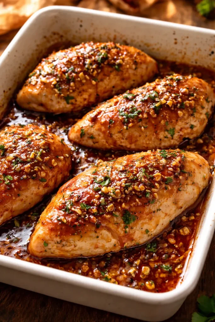 Baked honey garlic chicken breasts with glossy glaze in baking dish
