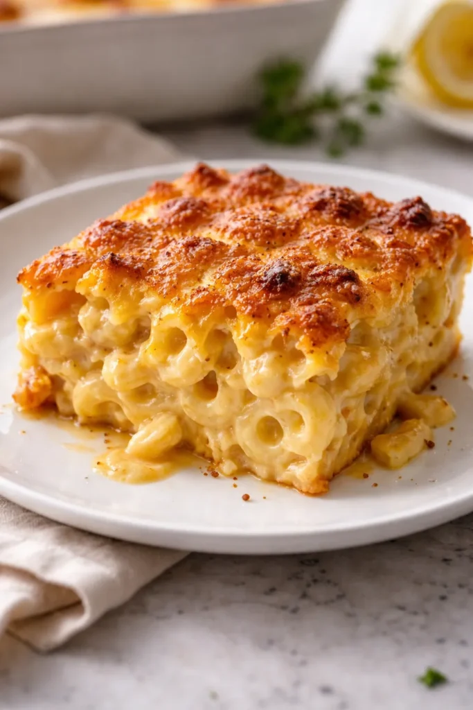 Slice of baked macaroni and cheese with a crust